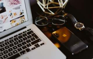 kaboompics elegant home office with golden accessories macbook iphone x watch 8962